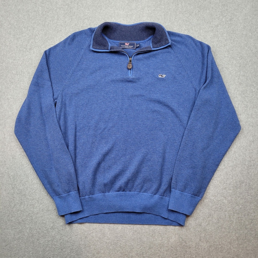 Vineyard Vines 1/4 Zip Pullover Sweater Mens Medium Blue Cotton Ribbed Whale